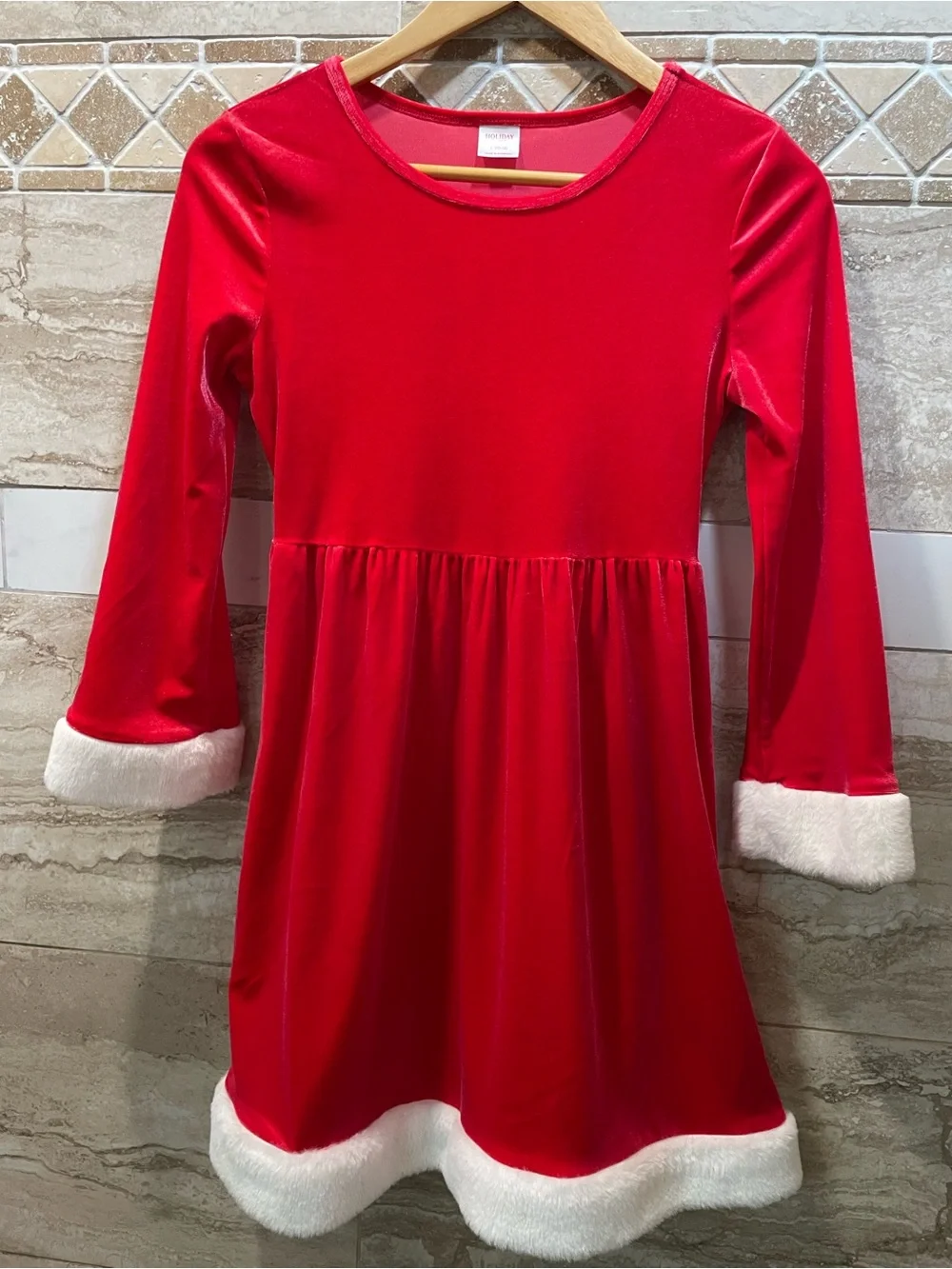 Red Velvet Holiday Dress with White Faux-Fur Trim